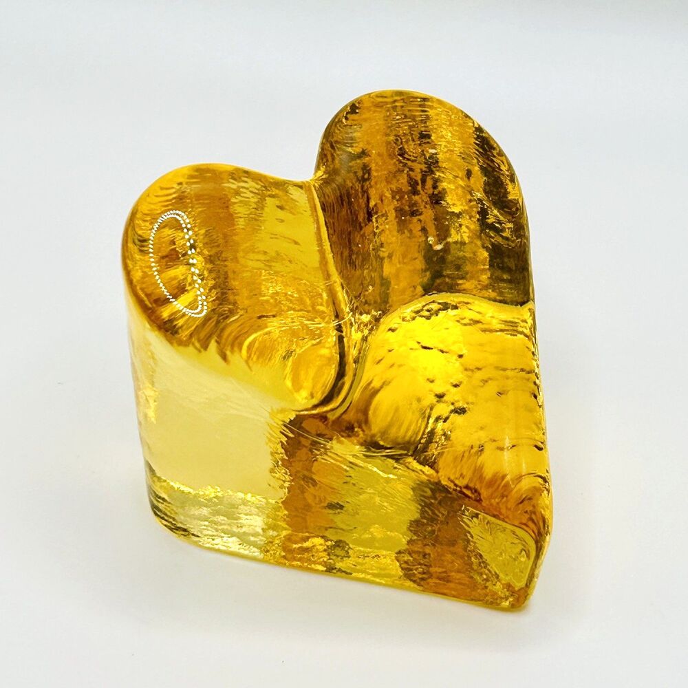 Fire Light Heart Paperweight Yellow Recycled Glass Signed Dated 2000